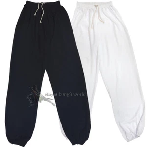 Black White Cotton Kung fu Tai chi Pants Martial arts Shaolin Wing Chun Trousers - Picture 1 of 6