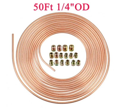 US Ship 1/4"OD 50Ft Coil Roll Steel Zinc Copper Nickel Car Brake Line Tubing Kit - Image 1 of 4