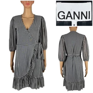 Ganni Womens 36 - 6 Dress Wrap GIngham Checks Black White Polyamide Stretch EUC - Picture 1 of 10