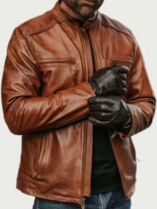 Men's Vintage Biker Cafe Racer Motorcycle Distressed Brown Real Leather Jacket - Picture 1 of 4
