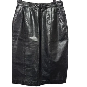 Gonna a matita midi vintage Berman's in pelle nera con spacco taglia 4-6 piccola vita 27" - Foto 1 di 9