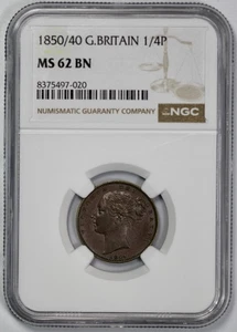 1850 / 40 Great Britain 1/4P Farthing NGC MS 62 BN - Picture 1 of 4