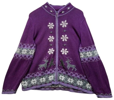 Cardigã feminino Gander Mt Guide Series com zíper frontal tamanho 2XL floco de neve veado roxo - Imagem 1 de 4