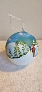 HAND PAINTED BLOWN GLASS SKIER MOUNTAIN SCENE HANGING CHRISTMAS TREE ORNAMENT - Picture 1 of 7