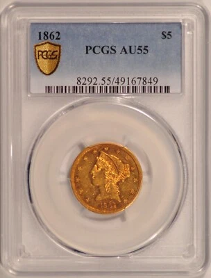 1862 $5 Liberty Gold Half-Eagle PCGS AU55 (Less Than 100 Known) Pre-33 Gold - Image 1 of 4