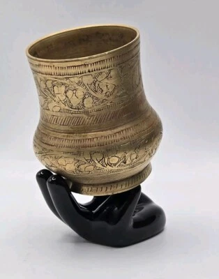 1900s Brass Detailed Engraving Panchpatra Pot • Religious Holy Water Cup • 3.5"H - Image 1 of 4