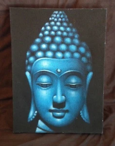 Hand Painted Buddha Face Head Canvas Wall Art Blue Oil Painting Framed Modern - Picture 1 of 10