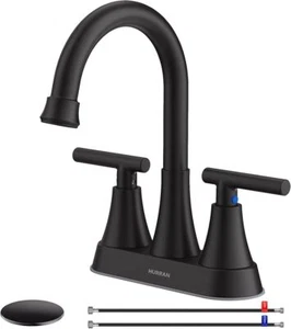 Rubinetto lavabo bagno Hurran 4" nero opaco con tubo di scarico e alimentazione pop-up - Foto 1 di 6