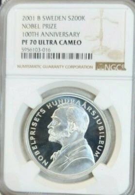 2001 SWEDEN SILVER 200 KRONOR NOBEL PRIZE 100TH ANNIV NGC PF 70 ULTRA CAMEO  - Image 1 of 4