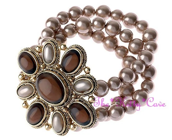 Pulsera Vintage Deco Oro Bronce Suave Perla Gran Regencia Relieve Ámbar Motivo Foto 1 de 1