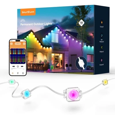 SmartDawn Luces Permanentes Exterior, 100FT 64 Bombillas LED RGBIC Cadena Exterior Foto 1 de 4