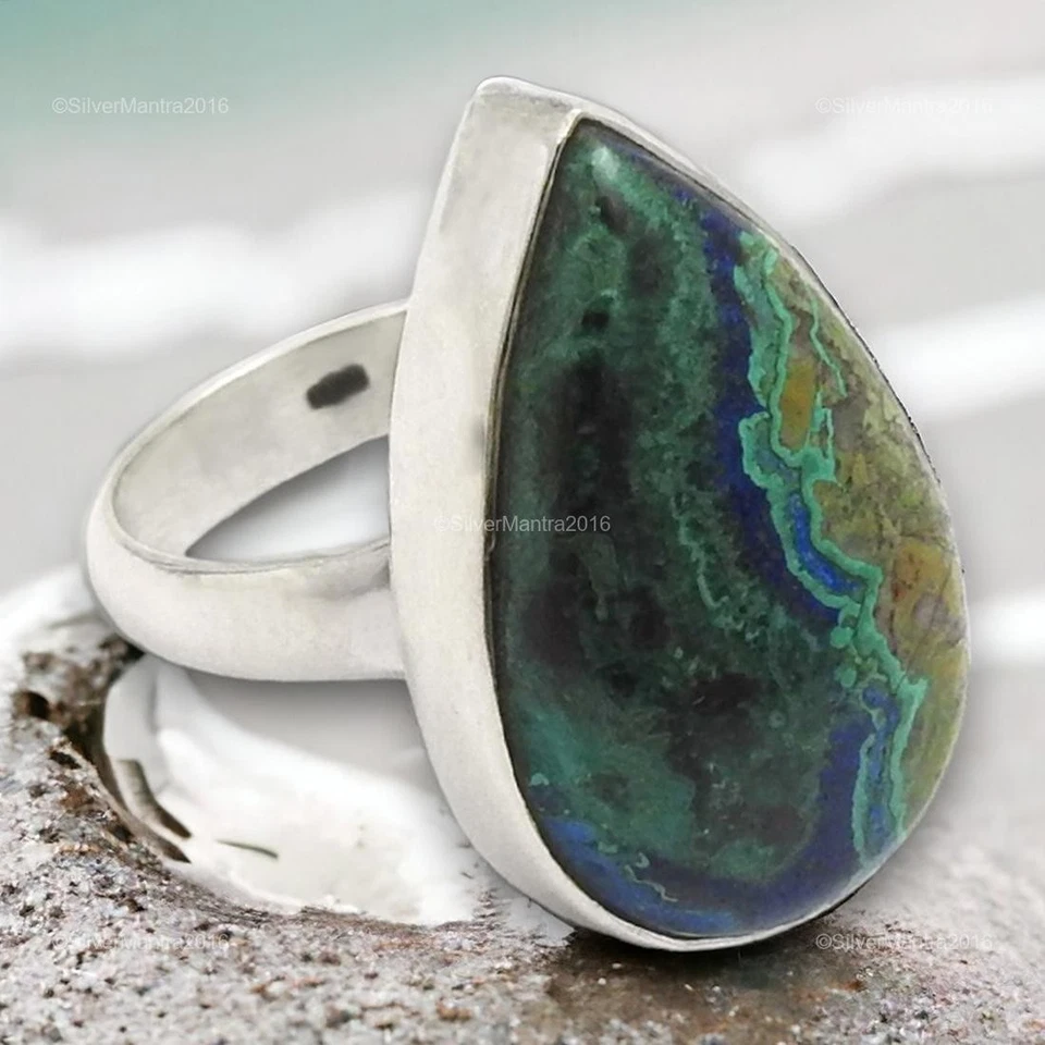 Pera Azzurrite Malachite Gemma Lunetta Cocktail Massiccio Anello Argento US 6 - Immagine 1 di 4