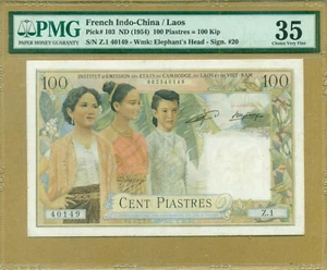 Indochina Laos 1954 100 Piastress = 100 Kip. Pick 103 Sign 20 PMG 35 - Picture 1 of 2