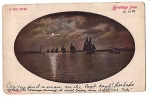 A BIG TOW Line of 6 Sailboats Tug Boat Sail Ships Maryland MD Postcard UB 1906 - Picture 1 of 2