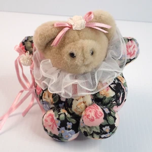 Vintage Applause Elegant Bear Plush Pink Black Floral Cat Print Lace Round 54359 - Picture 1 of 6