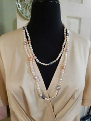 HONORA 纯银珍珠 54 英寸项链,白色带粉彩,穿多种方式! — 第 1/4 张图片