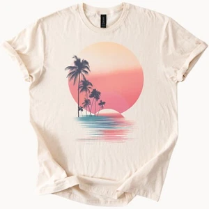 Sunset Palm Tree Surfer Tee Retro Beach TShirt - Bild 1 von 6