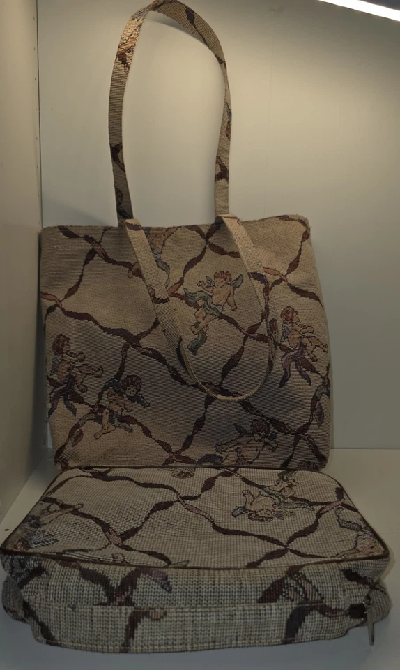 ВИНТАЖНЫЙ херувим ангел гобелен холст бежевый сумка с короткими ручками 13 X 13 с MatchingBible сумка - Изображение 1 из 4