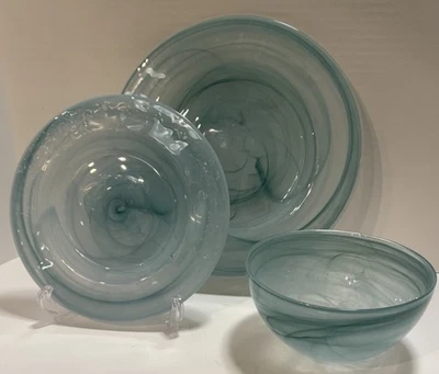 Vidrio artístico soplado a mano Aqua Swirl 1 cena, 1 plato de ensalada + 1 cuenco juego de 3 piezas Foto 1 de 4