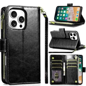 For iPhone 16 Pro 6.3in Case Luxury Phone Wallet Zipper Holder + Tempered Glass - Picture 1 of 12