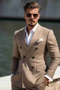 Traje Elegante Para Hombres Marrón Doble Pecho Elegante Delgado, Ajuste A Medida y Uso Formal - Imagen 1 de 5