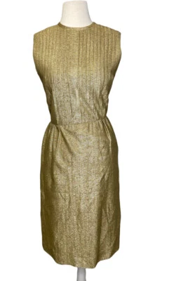 VTG 50s 60s Gold Lame Cocktail Party Dress sz 10 Medium Pleated Normay Hostess - Image 1 of 4