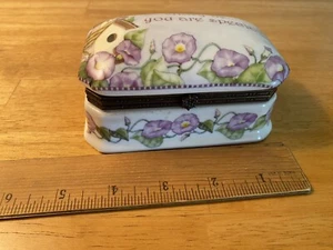 Caja de baratijas de porcelana imperial tapa con bisagras adorno de latón gloria de la mañana y pajareras - Imagen 1 de 9