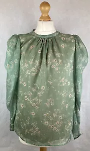 Blusa Top Top Verde Transparente Floral Mangas Largas Hinchadas Plisada UK10 A82 - Imagen 1 de 9