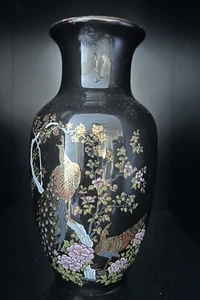 Vintage Black Oriental Porcelain Ceramic Vase, Birds Peacocks Gold Trim - Picture 1 of 3