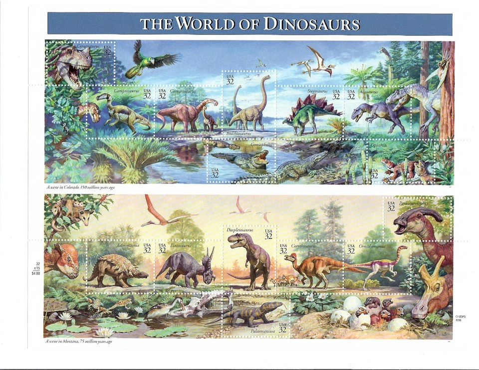 STAMPS; THE WORLD OF DINOSARS ' SHEET '  32 CENTS , 1996 MINT - Image 1 of 1
