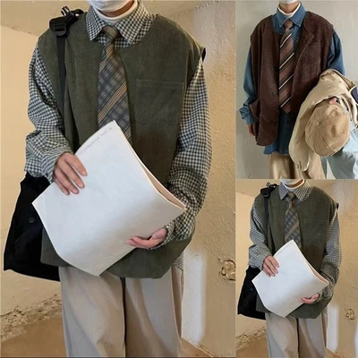 Japanese Style Mens Corduroy Vest Retro Casual Loose Fit Sleeveless Outerwear - Image 1 of 4