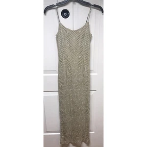 VTG 90s Y2K Gold Metallic Geometric Art Deco Evening Dress Caché Size 5 6 USA - Picture 1 of 16