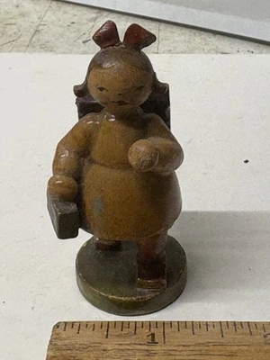 ANTIQUE JAPANESE WOODEN FIGURE YOUNG GIRL CARRYING BAGS - Image 1 of 4