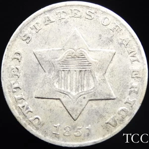 1851 THREE CENT SILVER TRIME ~ STUNNING ORIGINAL 3c COIN ~ FREE SHIPPING ~ TCC - Picture 1 of 8