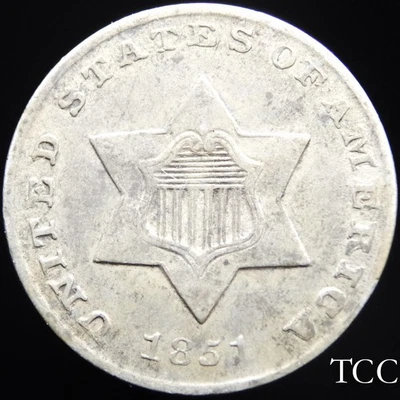 1851 THREE CENT SILVER TRIME ~ STUNNING ORIGINAL 3c COIN ~ FREE SHIPPING ~ TCC - Image 1 of 4