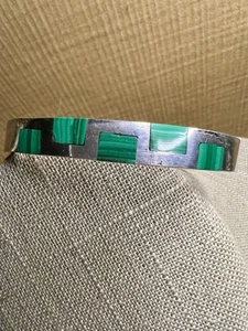 Vintage Mexico 925 Sterling Silver Malachite Hinged Bangle Bracelet 7” - Picture 1 of 7