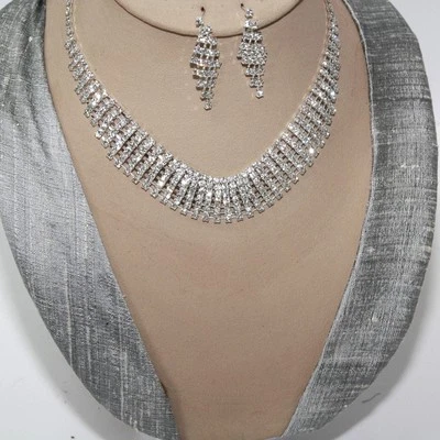 Set Gioielli Collier Orecchini Cristalli Strass Sposa Collana Argento 55 - Immagine 1 di 2