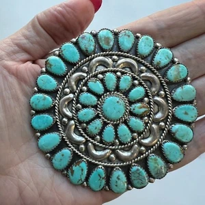 Larry Moses Begay, Vintage Navajo, Large Sterling Turquoise Pin NATIVE AMERICA - Picture 1 of 7