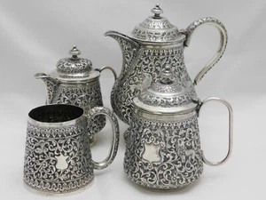 KAFFEESERVICE-TEESERVICE 4 –TLG. SILBER 960 - ER ENGLISCHE KOLONIE INDIEN 1860 - Bild 1 von 9