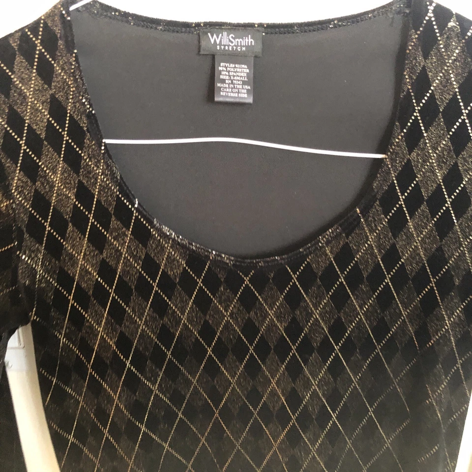 Blusa/top Willi Smith elástico negro/dorado terciopelo rayas manga larga. XS Foto 1 de 4