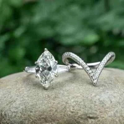 2Ct Marquise Cut Simulated Wedding Bridal Ring Set 14K White Gold Plated - Image 1 of 3