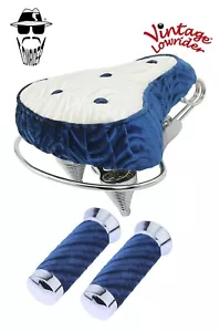 VINTAGE LOWRIDER 10" LONG BEACH CRUISER VELOUR SADDLE BLUE/WHITE W/ VELOUR GRIPS - Picture 1 of 1