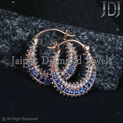 Blue Sapphire Gemstone Solid 14k Rose Gold Huggie Hoop Earrings Diamond Jewelry - Image 1 of 4