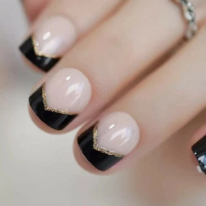 24 kurze schwarze Spitze French Glitzer Press On Nägel mit Kleber  - Bild 1 von 7
