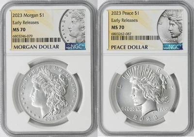 Set of 2 Coins - 2023 Morgan & Peace Silver Dollars $1 NGC MS70 Early Releases - Image 1 of 4