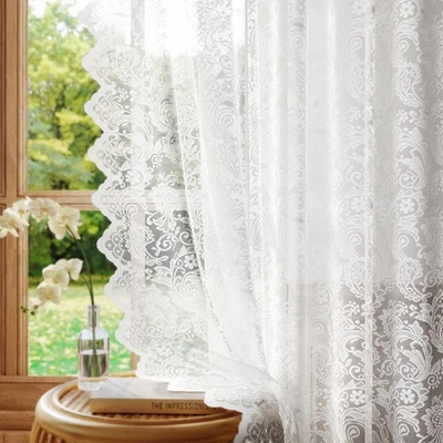 Pure White Lace Semi-Sheer Curtains – Vintage Floral Lace for Bedroom/Bathroo... - Image 1 of 4