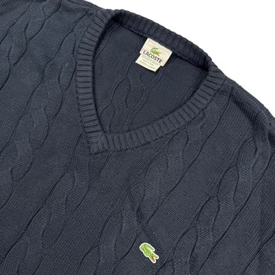 Suéter tejido con cable negro Lacoste 100 % algodón cuello en V para hombre • Talla FR 7 Foto 1 de 4