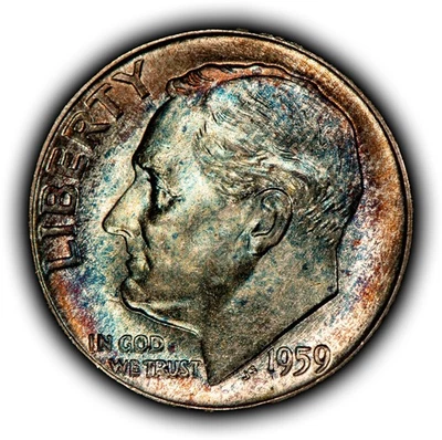 1959 10c Silver Roosevelt Dime - Colorful Canvas Bag Toning - BU - SKU-Z6348 - Image 1 of 4