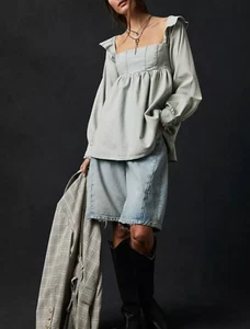 Free People About You tunica babydoll denim in indaco chiaro media manica lunga XL - Foto 1 di 4