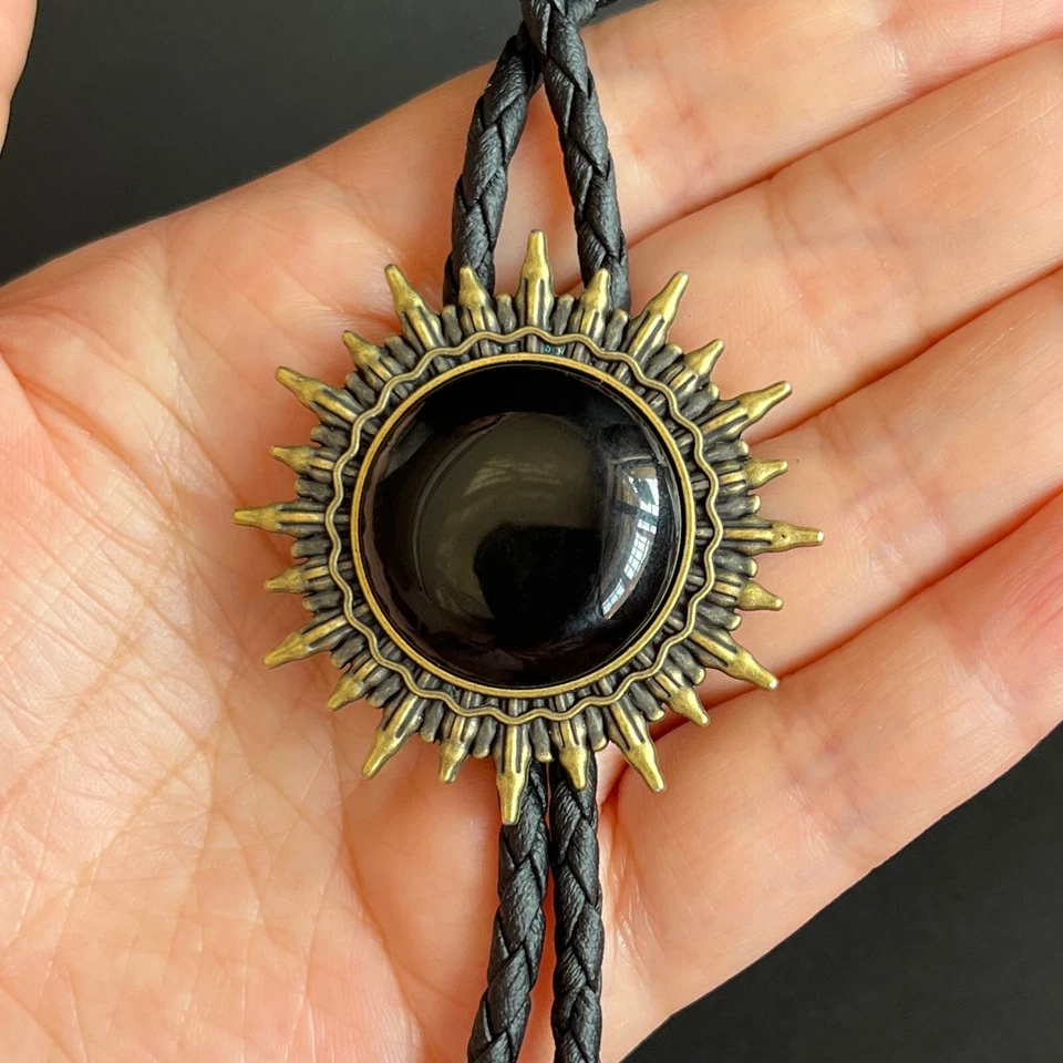 Natural Black Onyx Stone Sun Pattern Vintage Bolo Tie Wedding Necklace PU Rope - Image 1 of 1